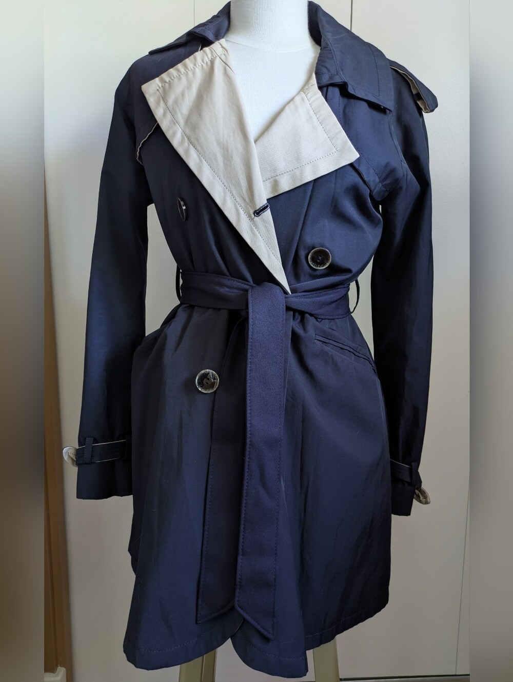 Ivanka Trump Navy Trench Coat with Cream Contrast Lining